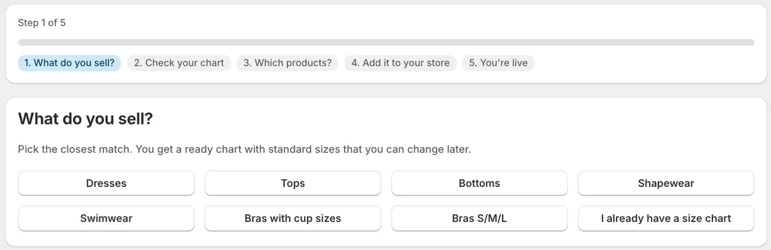 SizeMind setup, step one: pick Dresses, Tops, Bottoms, Shapewear, Swimwear or Bras, or paste your own chart
