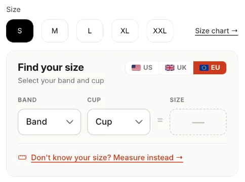 Product page size buttons with the SizeMind band and cup picker below, not yet filled in
