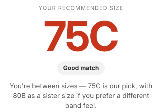 SizeMind measure result showing bra size 75C, with 80B as a sister size