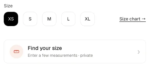 Product page size buttons with a SizeMind “Find your size” card below