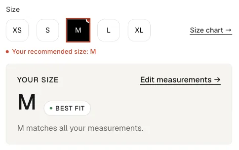 Product page with size M marked, the note “Your recommended size: M” and a result card for M