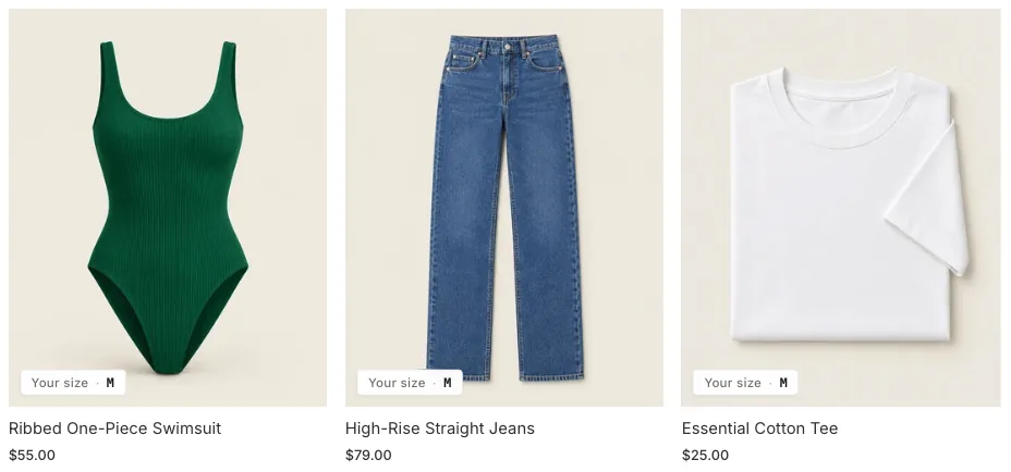 Collection page with a swimsuit, jeans and a tee, each showing a “Your size · M” badge