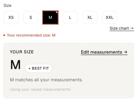 Product page with size M marked, the note “Your recommended size: M” and a result card for M