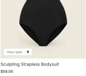 Collection page product card for a shaping bodysuit with a “Your size · M” badge